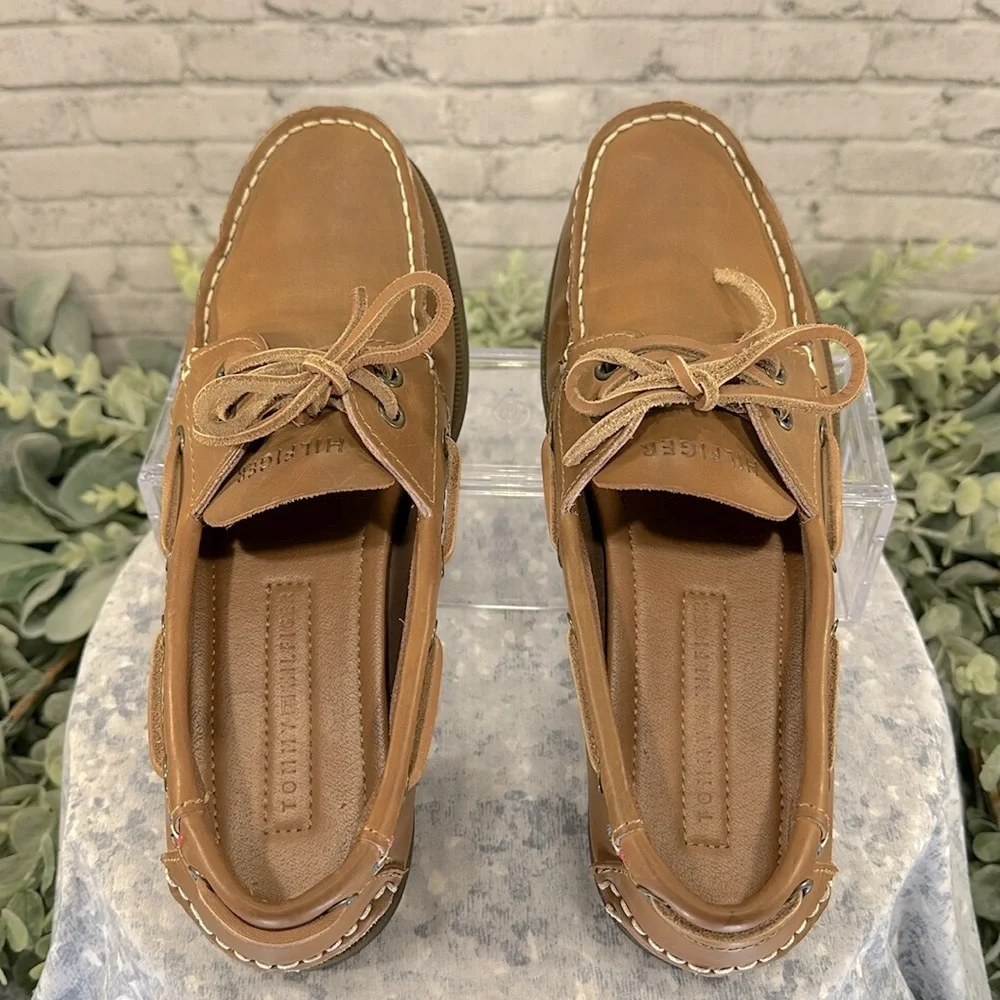 TOMMY HILFIGER “Bowman” Tan Leather Classic 2-Eye Boat Shoes Mens 7M🤎VGUC - Picture 7 of 12
